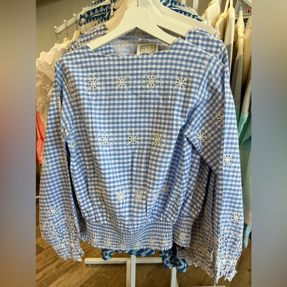 Sail to Sable - Blue Gingham V-Neck Smocked Waist Top - Picture 3 of 5
